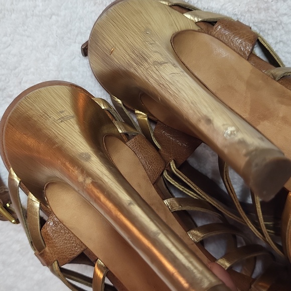 Miu Miu Platform Strappy Brown/ Gold Heels Sandals 39/8.5 Authentic leather - Picture 13 of 16
